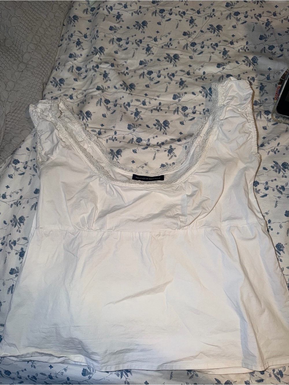 Brandy Melville White Lace Trim Tank with Blue Floral Lining